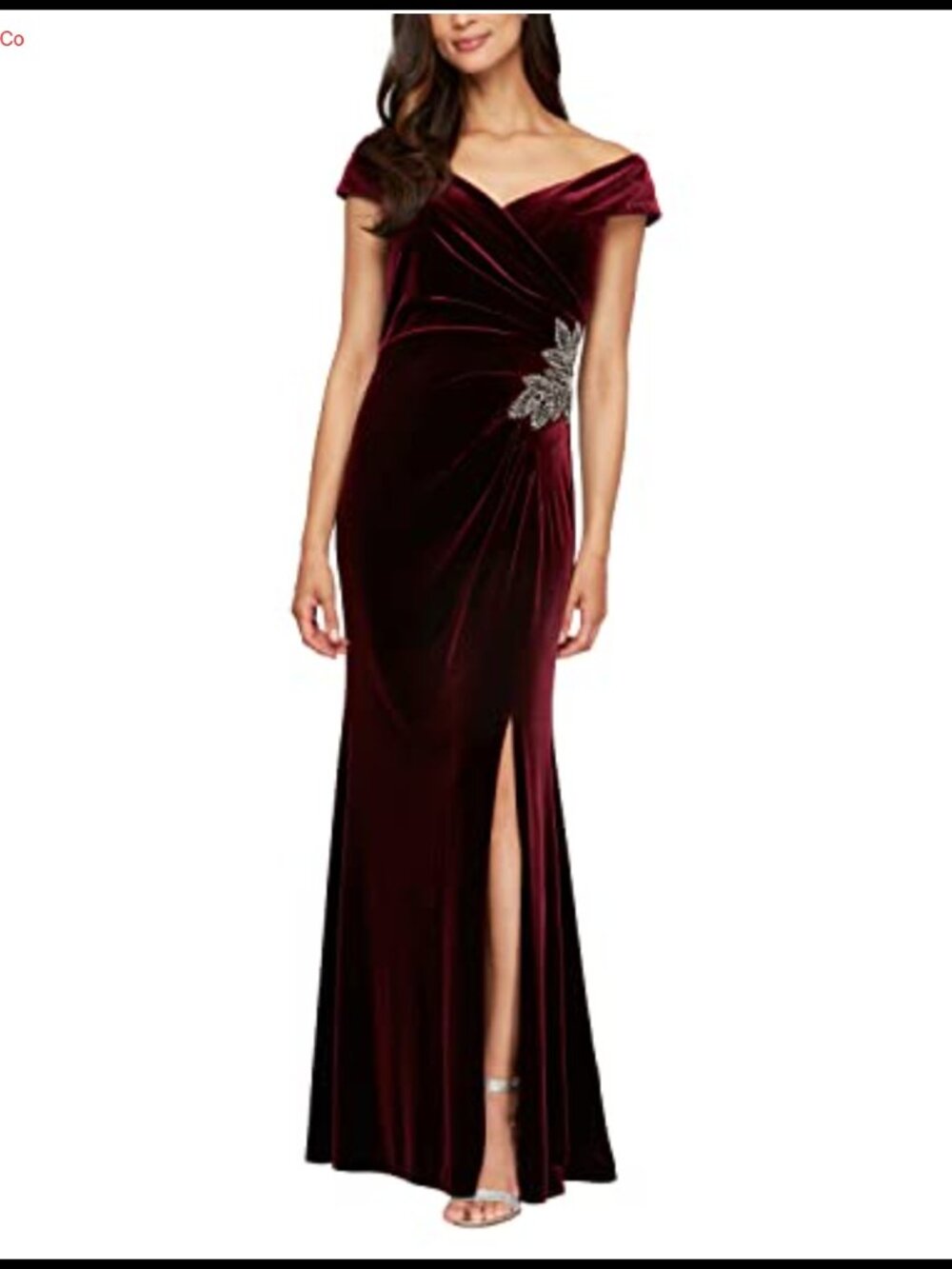 Velvet Off Shoulder Fit and Flare Long Formal Dress Gown with Slit